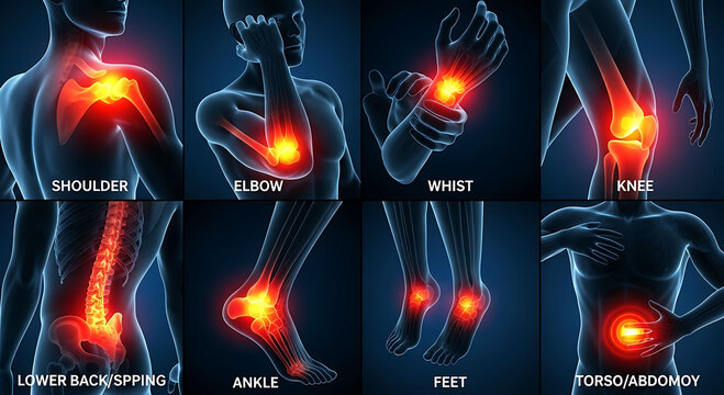 Human body joint and organ pain points chart with glowing red injury highlights