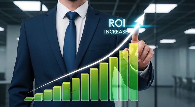 Business man pointing to growing ROI graph representing success and financial growth