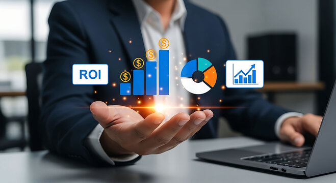 Businessman holding virtual ROI graph and financial growth icons over laptop desk