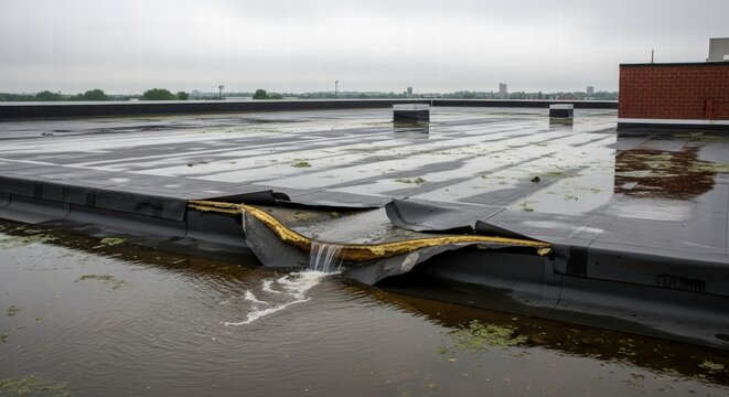 Damaged flat roof membrane with water pooling and leaking, showing insulation failure