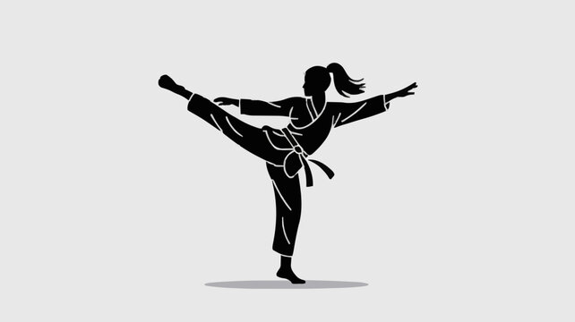 Female Martial Arts Fighter Silhouette Performing High Kick Vector Illustration