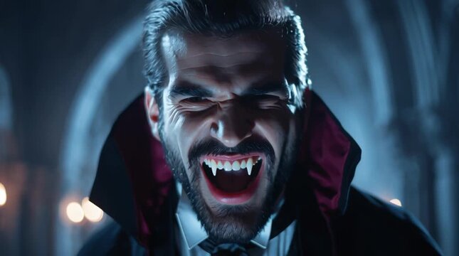 A dramatic video of a vampire standing in a dark and mysterious castle with fangs bared.