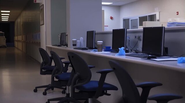Empty hospital nurse station at night with computer monitors, chairs, and scattered medical supplies.