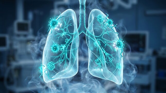 Glowing lungs with illuminated bronchi and trachea in a medical setting with equipment in the background