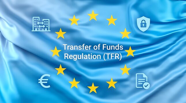 European flag background with icons illustrating Transfer of Funds Regulation TFR and secure financial transactions