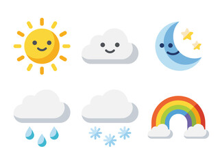 Obraz premium This charming collection of weather icons showcases the sun, clouds, moon, and rainbow, each with a cute expression, bringing a delightful touch to the theme of weather.