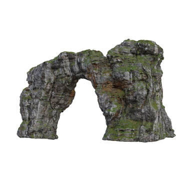 Mossy Rock Arch 3D Rendering Cutout Of Natural Stone Formation Isolated On White Background