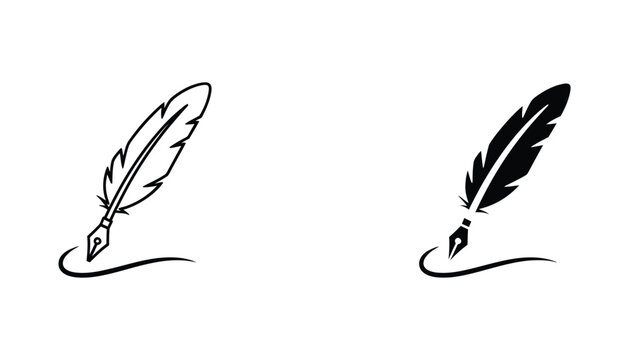 Classic feather quill pen writing on paper in outline and solid black icon design