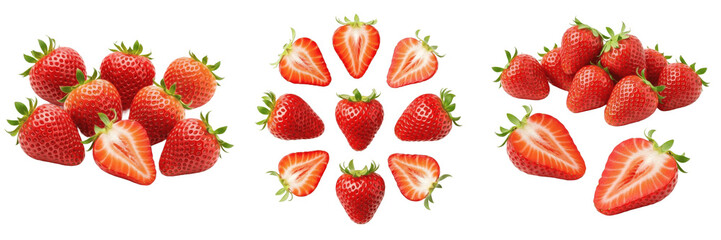 Set fresh red strawberries whole and sliced arranged on white background delicious juicy berry collection organic fruit food photography professional culinary ingredient sweet dessert healthy snack di © nova