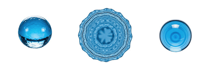 Fototapeta premium Collection of blue crystal objects featuring a smooth sphere, an intricate ornamental mandala-style medallion, and a circular flat glass piece, isolated on a white background, studio product photograp