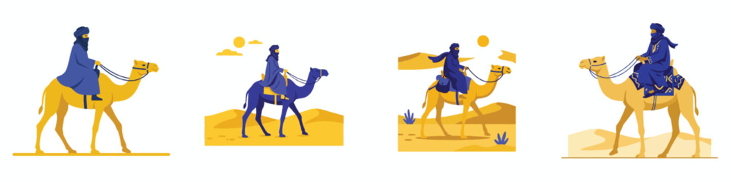 A simple flat design illustration of a Tuareg nomad in a blue robe riding a camel in the desert, minimalist style, no outlines, bright indigo and yellow colors, plain white background.
