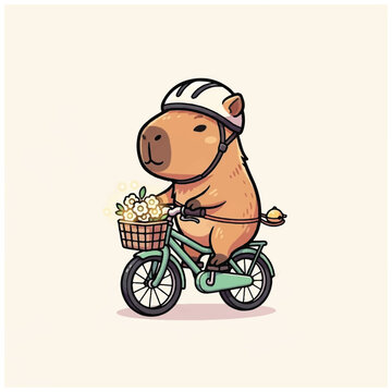 Capybara Riding Bicycle with Helmet.