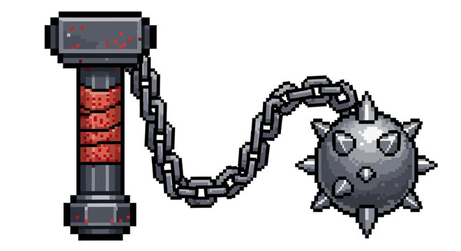Pixel Art Flail Weapon With Spiked Ball and Hammer.