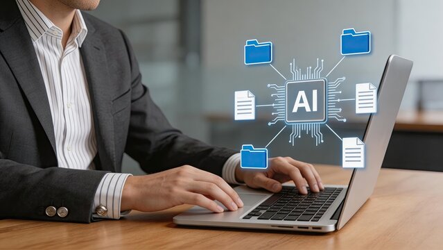 Businessman using laptop with artificial intelligence technology, digital folders and documents processing data analysis concept for modern corporate office workflow automation