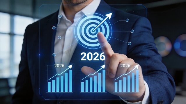 Businessman finger touching virtual target with arrow hitting bullseye above year 2026 text and rising bar charts, future goal achievement strategic planning financial success and
