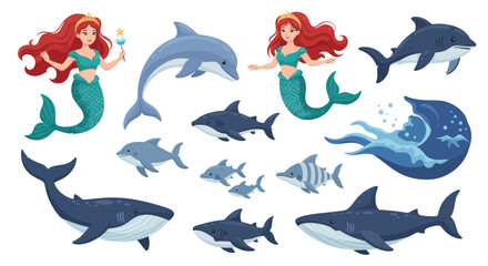 Naklejka premium Mermaid, Dolphin, Shark, Whale, Fish Underwater Sea Life Collection
