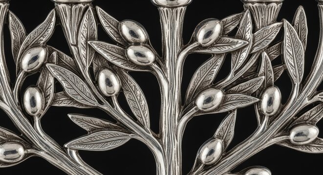 Intricate silver menorah with olive branches and fruit detailed design