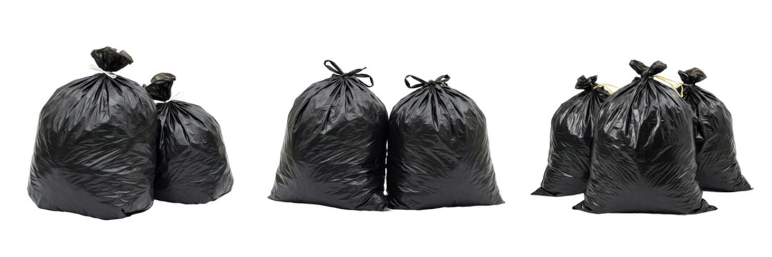 Full Black Plastic Garbage Trash Bags Rubbish Waste Disposal Isolated Transparent PNG Object
