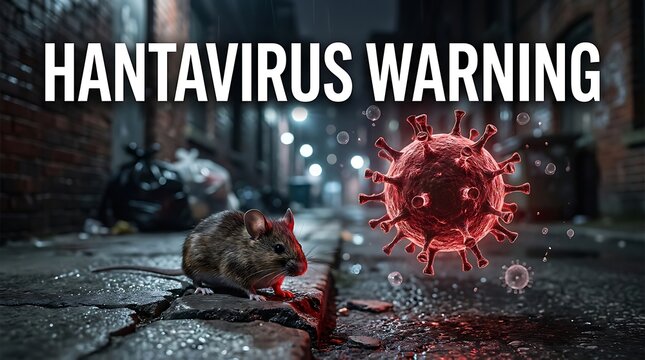 A hantavirus warning sign with a dead mouse on a wet city street at night