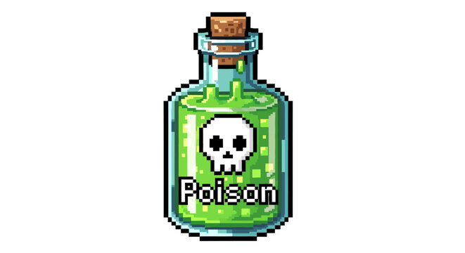 Pixel Art Poison Bottle with Skull Symbol.