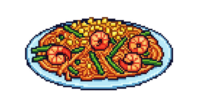 Pixel Art Plate of Shrimp and Asparagus Pasta.