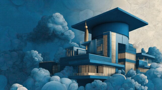 A surreal architectural design featuring a graduation cap-shaped building floating amidst clouds