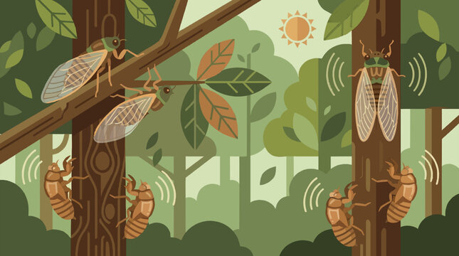 Flat design illustration of cicadas emerging, molting, and calling in a vibrant green summer forest environment with sunlight, depicting their life cycle and natural habitat.