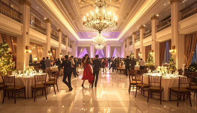 People enjoy a festive night with tables and decorations in a grand hall