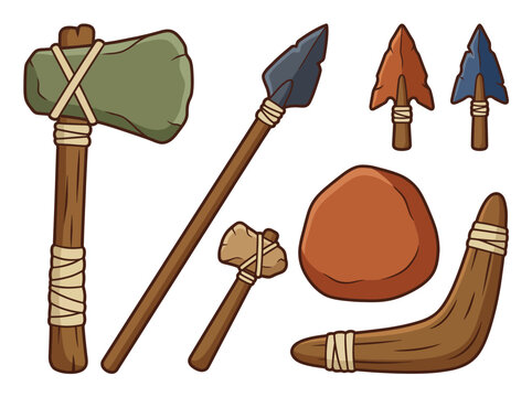 A collection of primitive tools includes axes, spears, and stones, reflecting the innovation and resourcefulness of early human ancestors in survival and hunting.
