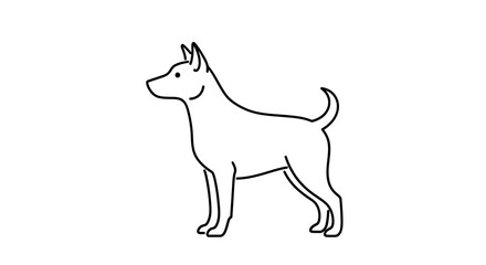 Fototapeta premium Simple black and white line art illustration of a standing dog. Minimalist outline drawing of a generic pet animal.