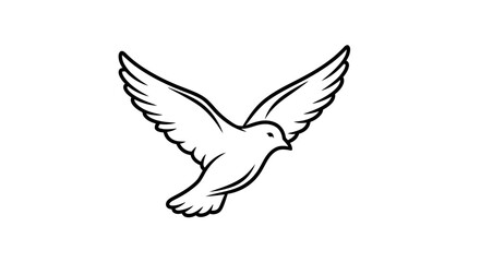 Obraz premium Minimalist flying dove outline vector illustration. Simple black and white bird icon for peace, freedom, spirituality, and hope.