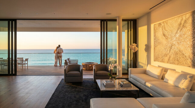 A couple stands on the terrace of a luxurious, open-plan living space, enjoying a golden sunset view over the ocean.
