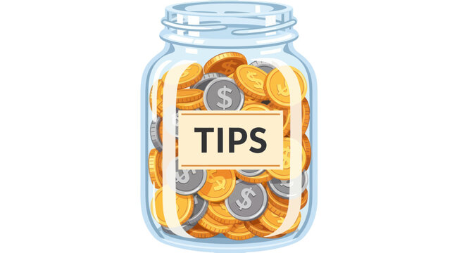 Glass jar filled with coins and "TIPS" label, isolated on white background