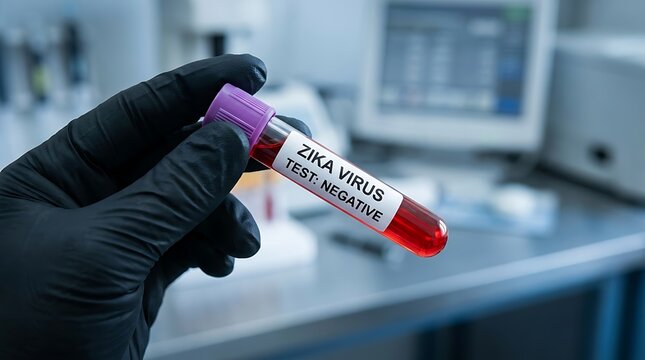 A gloved hand holds a test tube labeled Zika Virus positive in a laboratory setting with a blurred background.