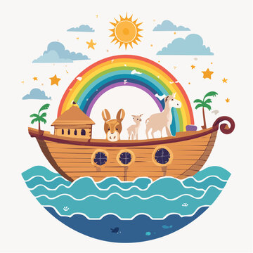 Noah's Ark with Animals and Rainbow
