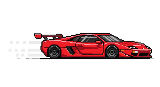 Pixel Art Red Sports Car Speeding Motion Blur.