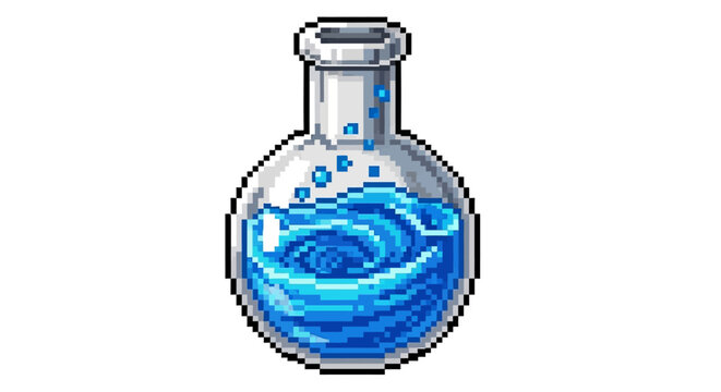 Pixel Art Potion Bottle with Swirling Blue Liquid.