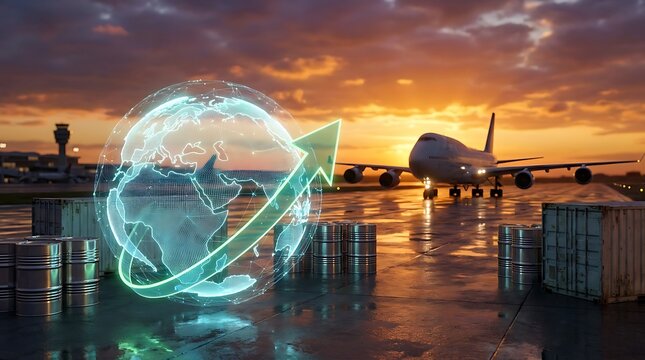 Air cargo containers on a tarmac with an airplane taking off at sunset, featuring a glowing green arrow around the globe