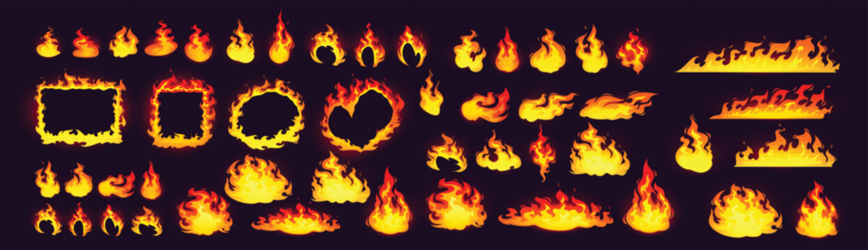 Cartoon fire frames and bonfire, blazing borders