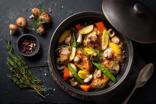 Savory braised chicken dish with vegetables in a dark pot, staged on a black surface