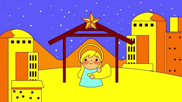 Holy angel animation standing inside a traditional nativity stable under a glowing Christmas star in a desert town.