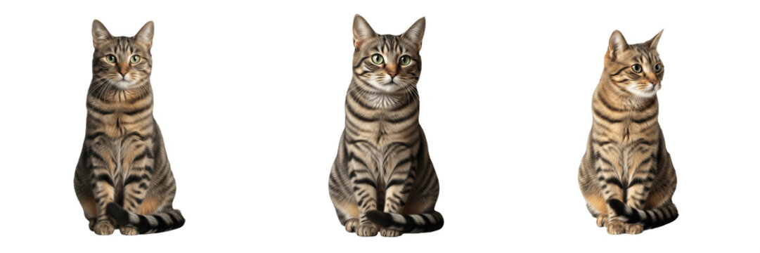 Beautiful Studio Portrait of a Tabby Cat Sitting, Elegant Domestic Feline Pet Animal Looking Forward Transparent Background PNG