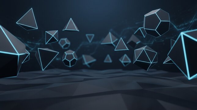Abstract Geometric Shapes with Neon Blue Edges on a Dark Background