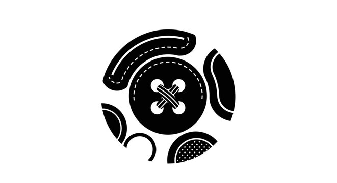 Black and White Sewing Button Icon with Fabric Swatches and Stitching