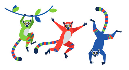 Playful Ring-Tailed Lemurs, Cartoon Style, Hanging and Jumping, White Background © turi