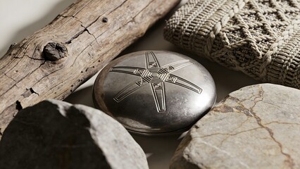 Obraz premium Handcrafted engraved metal container with star motif nestled among natural driftwood and rustic stones