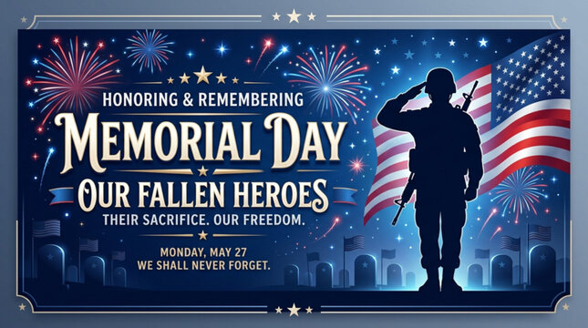 Memorial day tribute soldier saluting with usa flag and fireworks at dusk