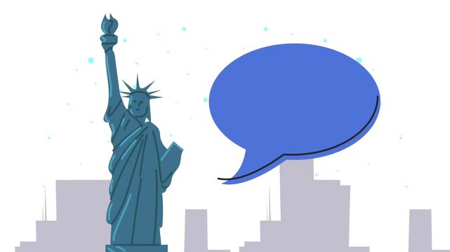 Statue of Liberty animation standing next to a large blank speech bubble against a simplified New York City skyline background.