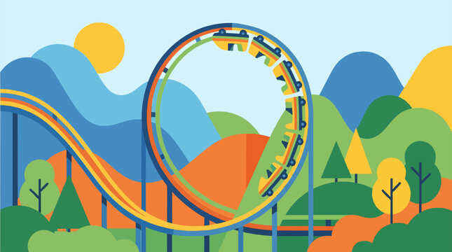 Minimalist flat design illustration of a thrilling roller coaster loop with a train going up, set against a colorful geometric landscape of mountains, trees, and a bright sun.