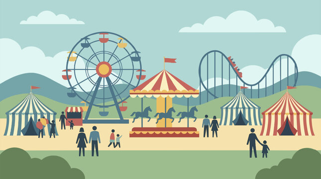 Charming flat design illustration of a classic carnival fairground with a large Ferris wheel, roller coaster, merry-go-round, and striped tents, populated by happy visitors under a cloudy sky.